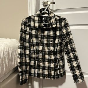 Black and White Plaid Lined Double Breasted Coat